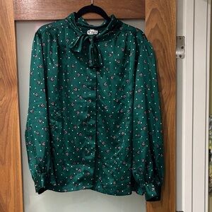 Vintage Koret Polkadot Button-down Bow Satin Blouse with Purple Shaped Accents